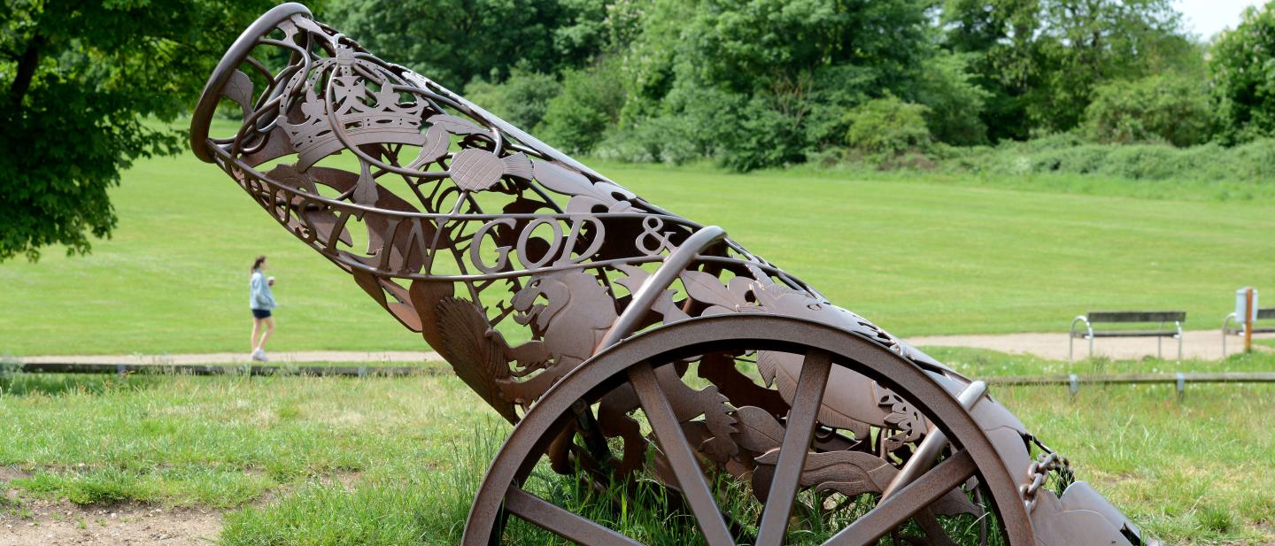 Canon sculpture within Sconce and Devon Park